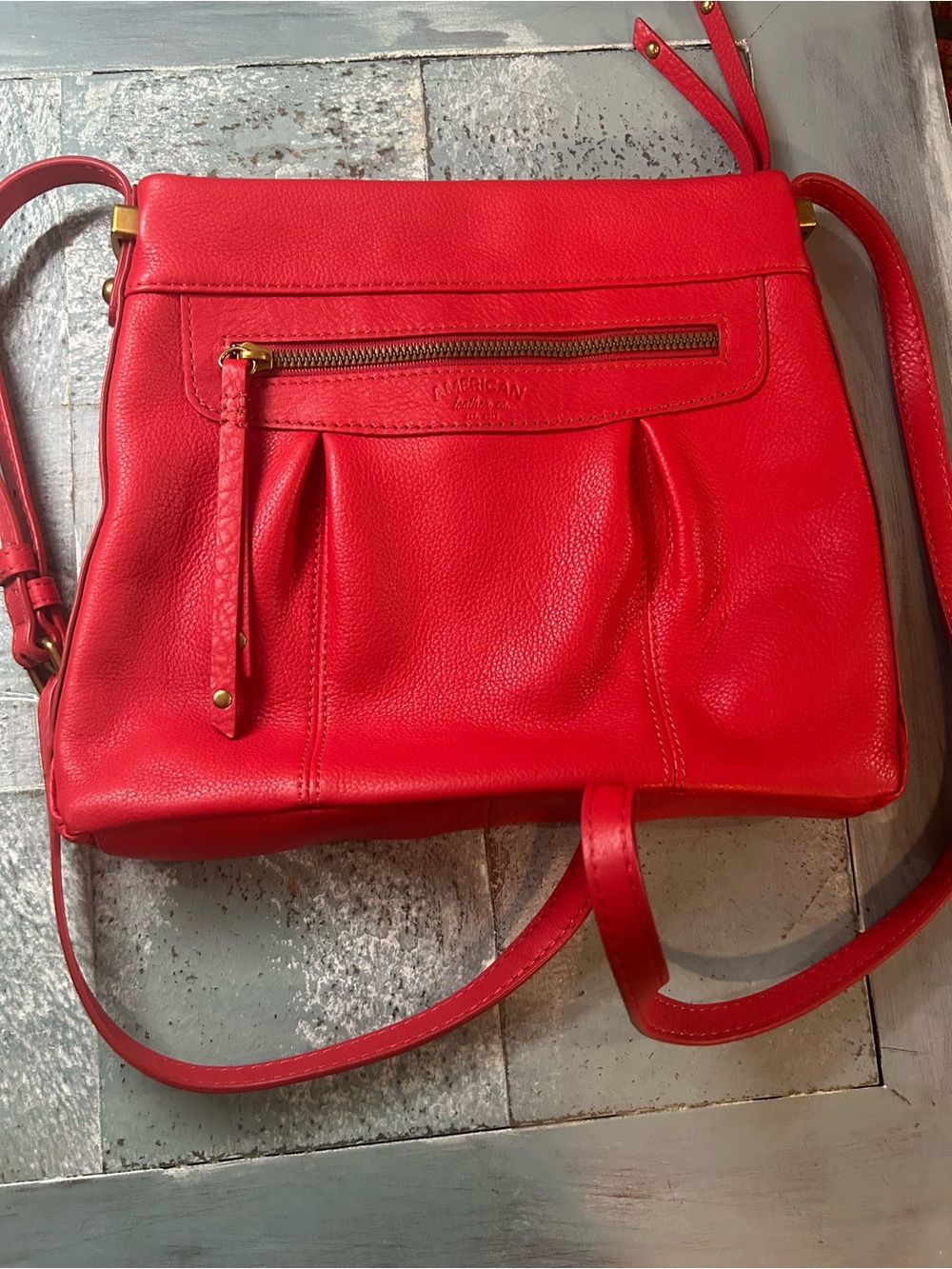 American Leather Co Red Pebbled Leather Crossbody with Gold Accents